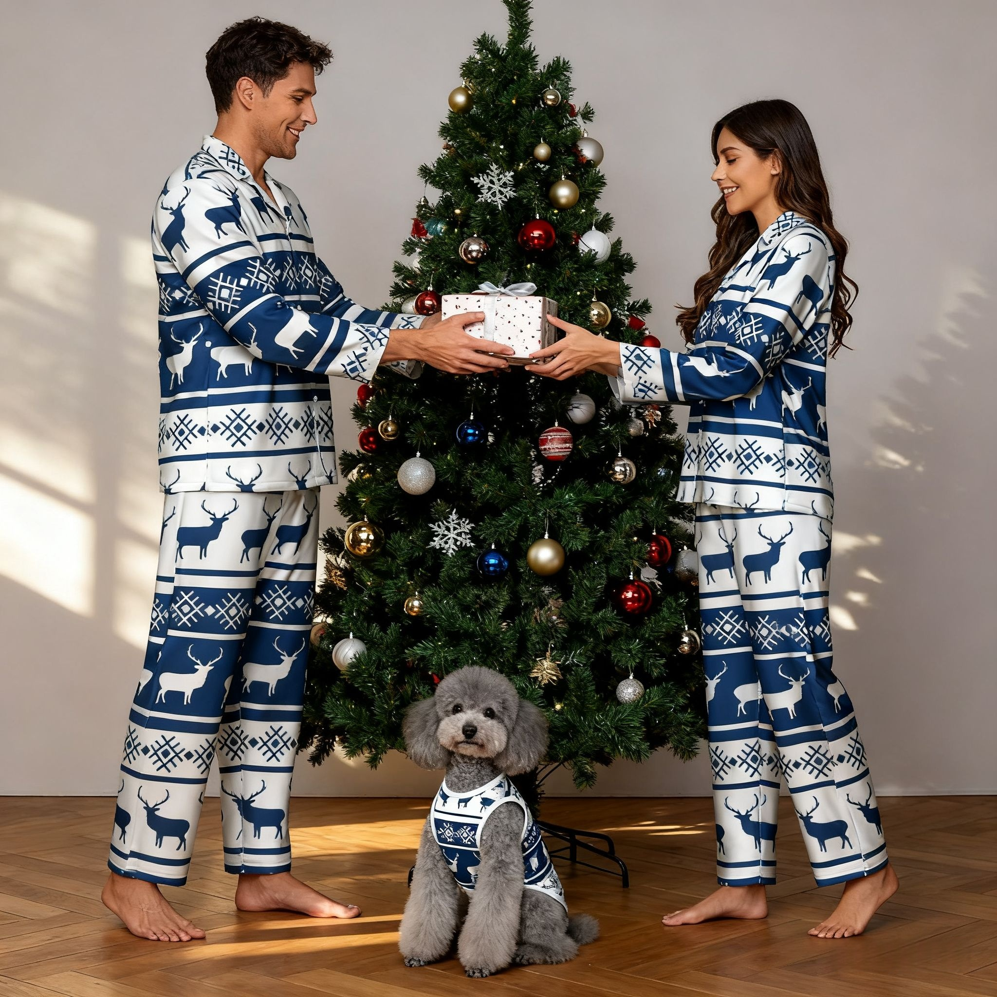 Holiday Blue Reindeer Pattern Christmas Pajamas