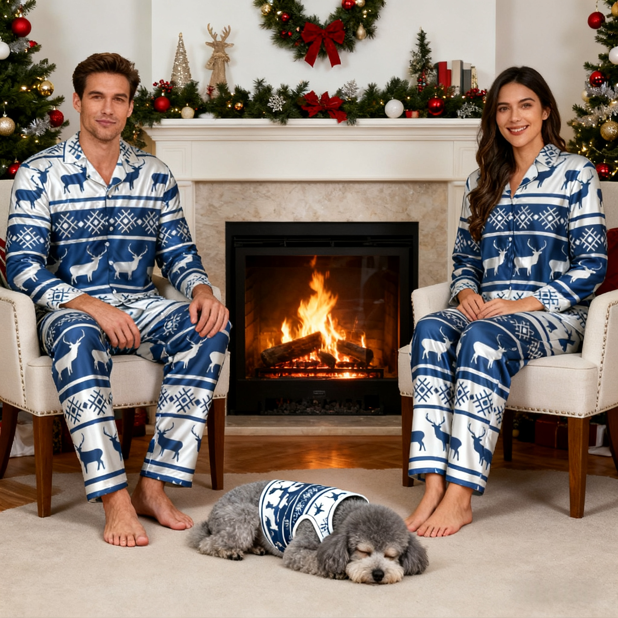 Holiday Blue Reindeer Pattern Christmas Pajamas
