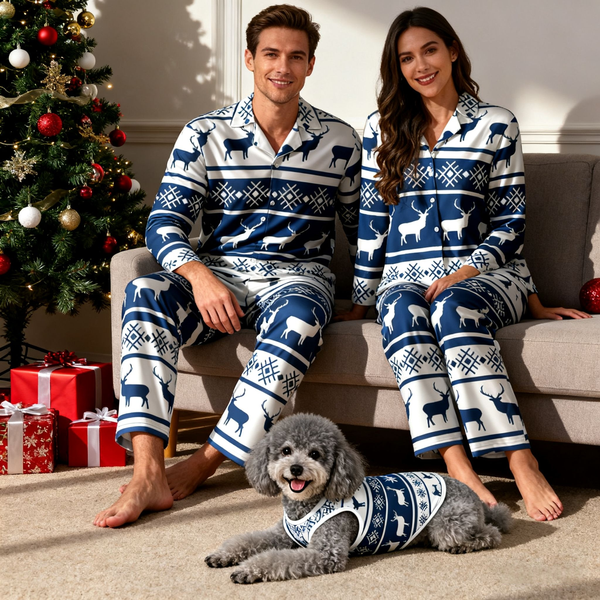 Holiday Blue Reindeer Pattern Christmas Pajamas