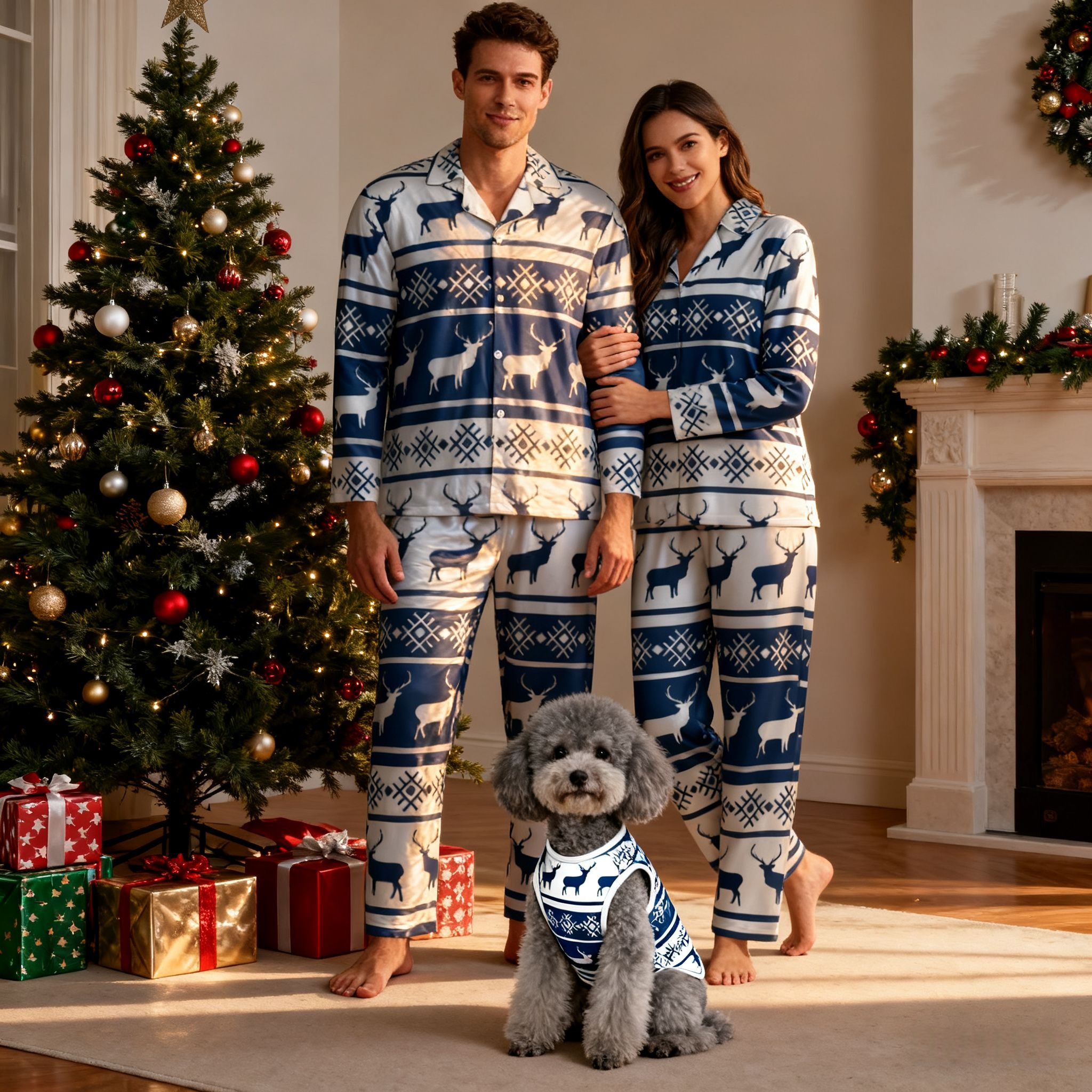 Holiday Blue Reindeer Pattern Christmas Pajamas